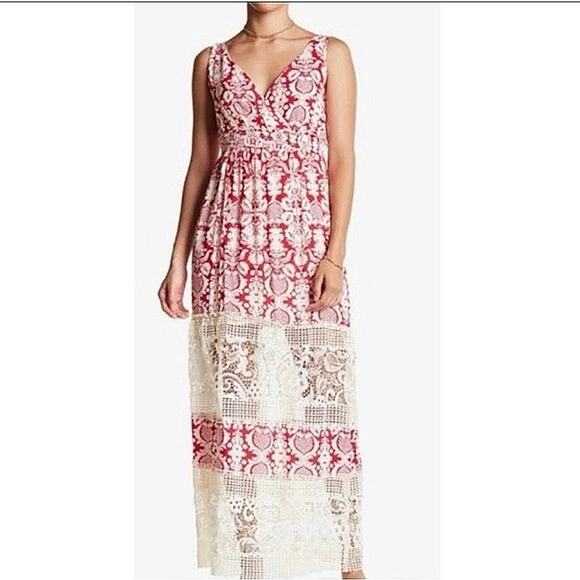 Anthropologie Sunday in Brooklyn Red White Damask Crochet Lace Maxi Dress Sz XS - Picture 2 of 8